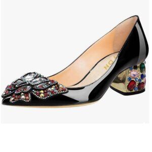 YDN Black Women's Pointed Toe Bow Colorful Rhinestone Block Low Heel Pumps